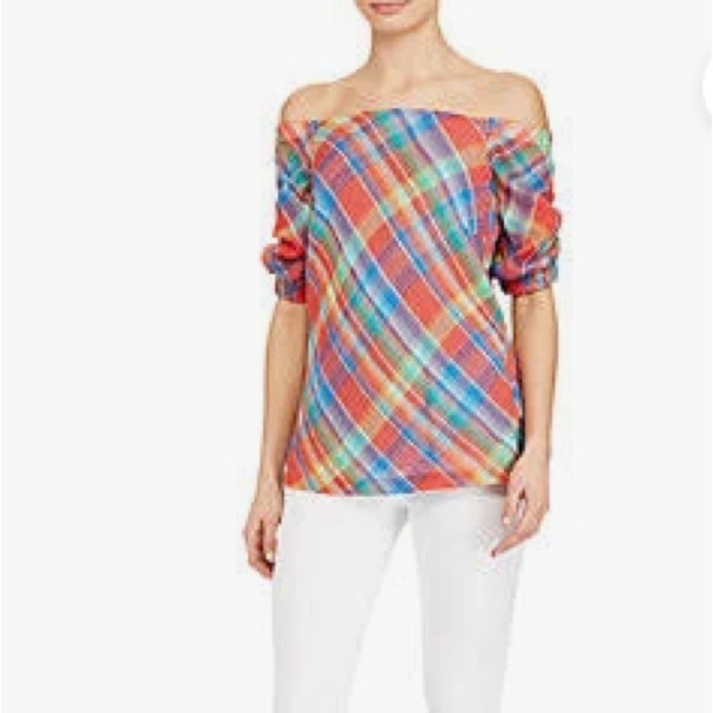 Lauren Ralph Lauren Plaid (Red/Blue Multi Color) Off the Shoulder Top | XS